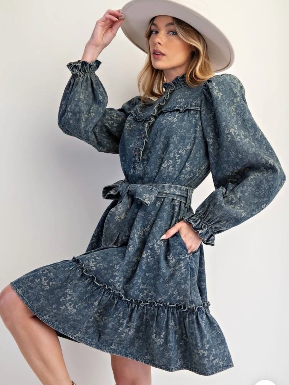 Washed Denim-Blue Ruffle Tie-Waist Long Sleeve Dress